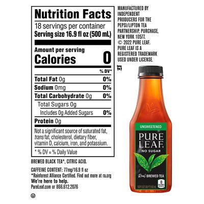 Pure Leaf Real Brewed Tea Unsweetened Black Tea 16.9 fl. oz., 18 pk.