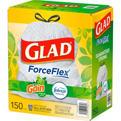 Glad ForceFlex 13-Gallon Kitchen Trash Bags, Gain Original Scent + Febreze, 150 ct.