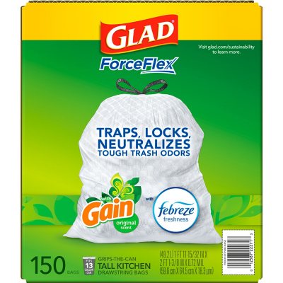 Glad ForceFlex 13-Gallon Kitchen Trash Bags, Gain Original Scent + Febreze, 150 ct.