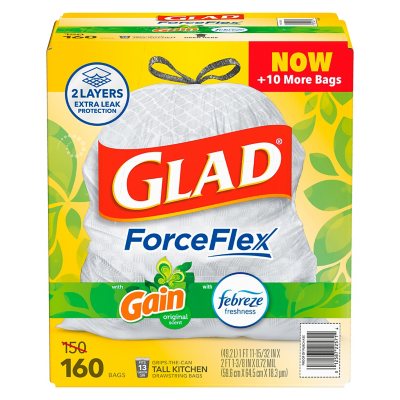 Glad ForceFlex 13-Gallon Kitchen Trash Bags, Gain Original Scent + Febreze, 160 ct.