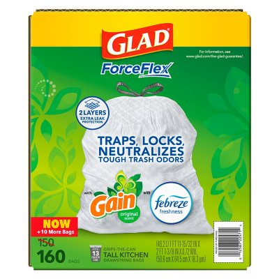 Glad ForceFlex 13-Gallon Kitchen Trash Bags, Gain Original Scent + Febreze, 160 ct.