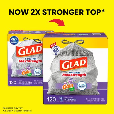 Glad ForceFlex Max Strength Tall Kitchen Drawstring Trash Bags, Gain Lavender 13 gal., 120 ct.