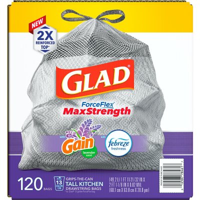 Glad ForceFlex Max Strength Tall Kitchen Drawstring Trash Bags, Gain Lavender 13 gal., 120 ct.