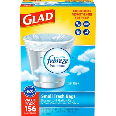 Glad Small Twist-Tie White Trash Bags, Fresh Clean Scent with Febreze Freshness, 4 gal., 156 ct.