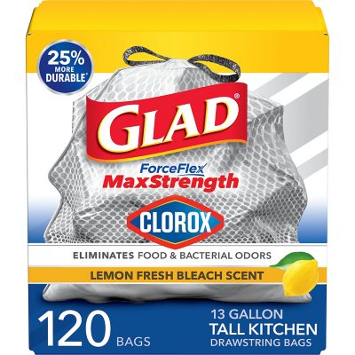 Glad ForceFlex Tall Kitchen Trash Bags With Clorox, Lemon Fresh Bleach Scent 13 gal., 120 ct.