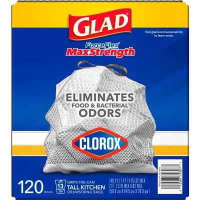 Glad ForceFlex Tall Kitchen Trash Bags With Clorox, Lemon Fresh Bleach Scent 13 gal., 120 ct.