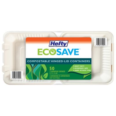 Hefty ECOSAVE 3-Compartment Hinged Lid Container, 9" x 9", 50 ct.