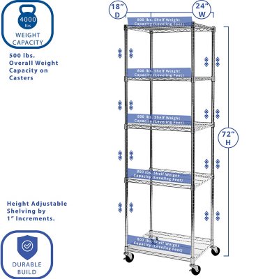 Seville Classics NSF 5-Tier Steel Wire Shelving, 24" x 18" x 72" H