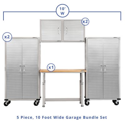 Seville Classics UltraHDÃÂ® 5-Piece Steel Garage Cabinet Storage Set With Height Adjustable Workbench, 10 Feet Wide