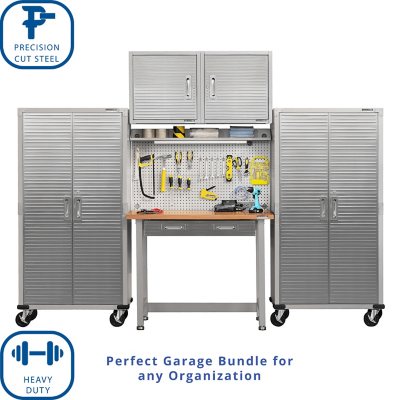 Seville Classics UltraHD 5-Piece Steel Garage Cabinet Storage Set With Pegboard Workbench, 10 Feet Wide