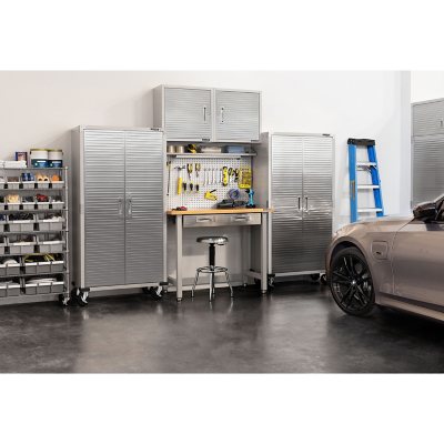 Seville Classics UltraHD 5-Piece Steel Garage Cabinet Storage Set With Pegboard Workbench, 10 Feet Wide