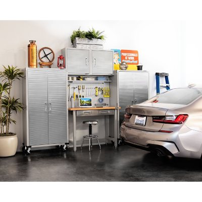 Seville Classics UltraHD 5-Piece Steel Garage Cabinet Storage Set With Pegboard Workbench, 10 Feet Wide