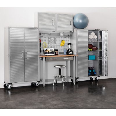 Seville Classics UltraHD 5-Piece Steel Garage Cabinet Storage Set With Pegboard Workbench, 10 Feet Wide