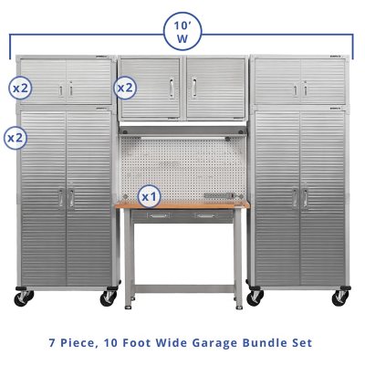 Seville Classics UltraHD 7-Piece Steel Garage Cabinet Storage Set With Pegboard Workbench, 10 Feet Wide
