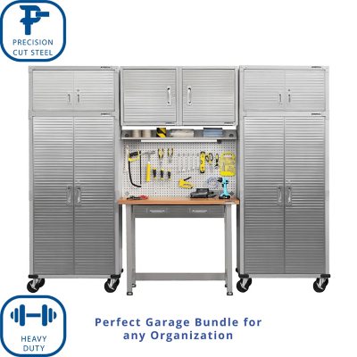 Seville Classics UltraHD 7-Piece Steel Garage Cabinet Storage Set With Pegboard Workbench, 10 Feet Wide