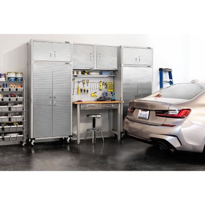 Seville Classics UltraHD 7-Piece Steel Garage Cabinet Storage Set With Pegboard Workbench, 10 Feet Wide