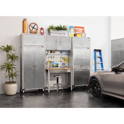 Seville Classics UltraHD 7-Piece Steel Garage Cabinet Storage Set With Pegboard Workbench, 10 Feet Wide