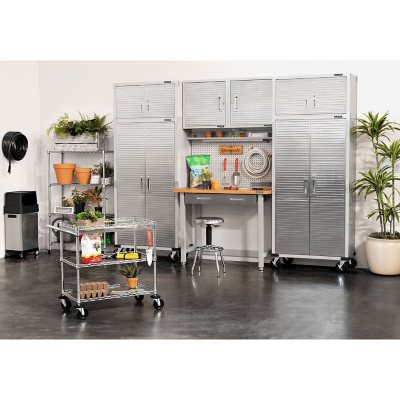 Seville Classics UltraHD 7-Piece Steel Garage Cabinet Storage Set With Pegboard Workbench, 10 Feet Wide