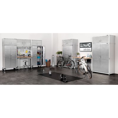 Seville Classics UltraHD 7-Piece Steel Garage Cabinet Storage Set With Pegboard Workbench, 10 Feet Wide