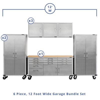 Seville Classics UltraHD 6-Piece Steel Garage Cabinet Storage Set With Rolling Workbench, 12' Wide