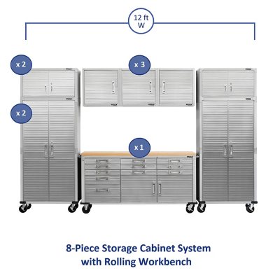 Seville Classics UltraHD 8-Piece Steel Garage Cabinet Storage Set with Rolling Workbench, 12' Wide