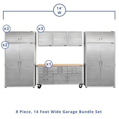 Seville Classics UltraHD 8-Piece Steel Garage Cabinet Storage Set With Rolling Workbench, 14 Feet Wide