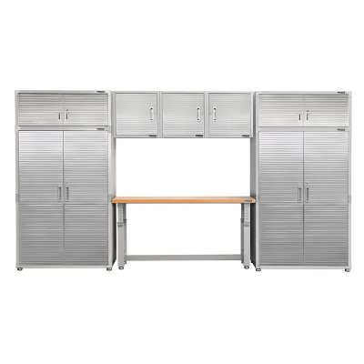 Seville Classics UltraHD 8-Piece Steel Garage Cabinet Storage Set With Height Adjustable Workbench, 14 Feet Wide
