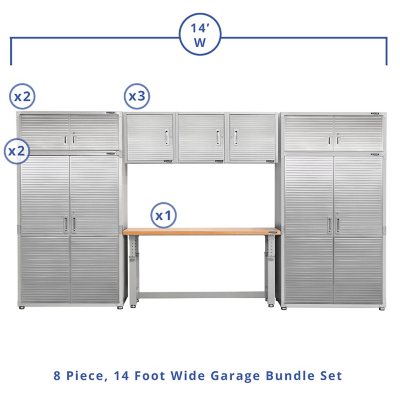 Seville Classics UltraHD 8-Piece Steel Garage Cabinet Storage Set With Height Adjustable Workbench, 14 Feet Wide