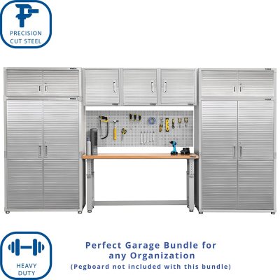 Seville Classics UltraHD 8-Piece Steel Garage Cabinet Storage Set With Height Adjustable Workbench, 14 Feet Wide
