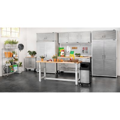 Seville Classics UltraHD 8-Piece Steel Garage Cabinet Storage Set With Height Adjustable Workbench, 14 Feet Wide