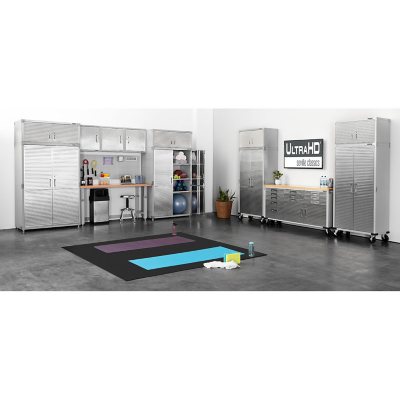 Seville Classics UltraHD 8-Piece Steel Garage Cabinet Storage Set With Height Adjustable Workbench, 14 Feet Wide