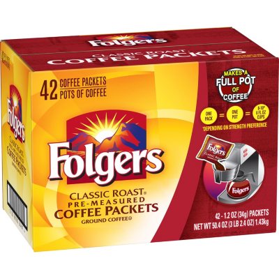 Folgers Classic Roast Ground Coffee Packets, 1.2 oz., 42 ct.