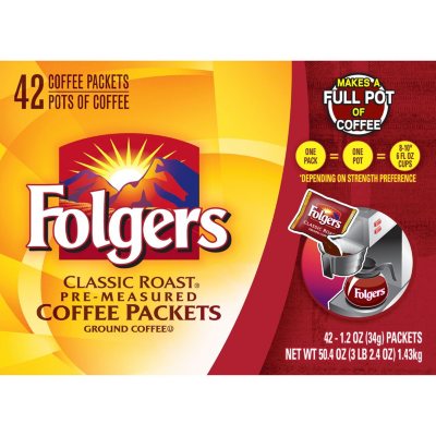 Folgers Classic Roast Ground Coffee Packets, 1.2 oz., 42 ct.