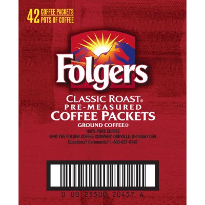 Folgers Classic Roast Ground Coffee Packets, 1.2 oz., 42 ct.