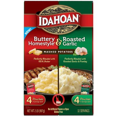 Idahoan Instant Mashed Potatoes, Buttery Homestyle and Roasted Garlic 8 pk.