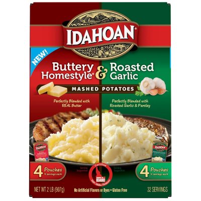 Idahoan Instant Mashed Potatoes, Buttery Homestyle and Roasted Garlic 8 pk.