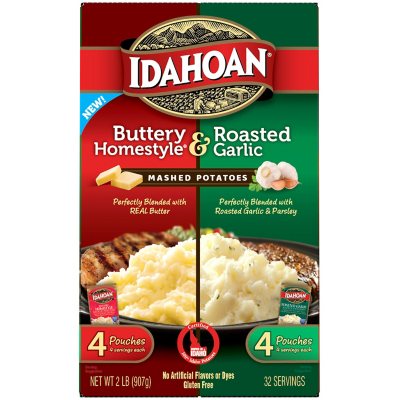Idahoan Instant Mashed Potatoes, Buttery Homestyle and Roasted Garlic 8 pk.