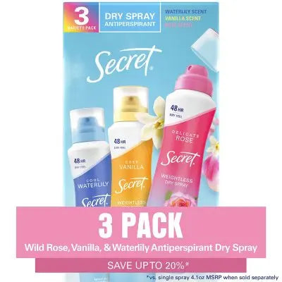 Secret Dry Spray Women's Antiperspirant Deodorant, Vanilla, Wild Rose & Waterlily, 4.1 oz., 3 pk.