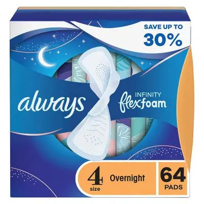 Always Infinity FlexFoam Overnight Damenbinden mit Flügeln, unparfümiert – Größe 4, 64 Stück