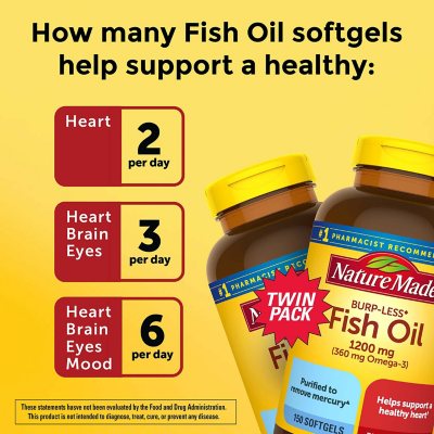 Nature Made Burp-Less Fish Oil 1,200 mg. Softgels for Heart Health 2 pk., 150 ct./pk.