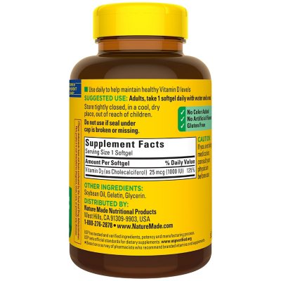 Nature Made Vitamin D3 25 mcg 1,000 IU Softgels 650 ct.