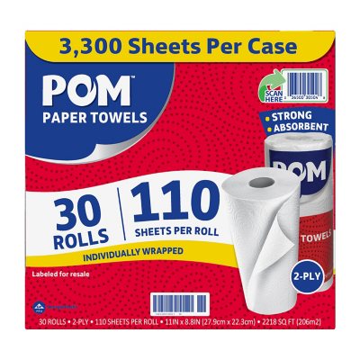 POM Individually Wrapped 2-Ply Paper Towels 110 sheets/roll, 30 rolls