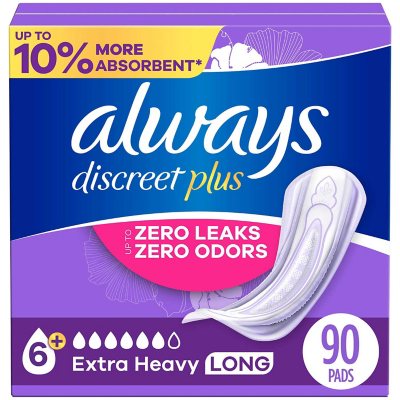 Always Discreet plus Incontinence Pads for Women, Extra Heavy Long, 90 ct.