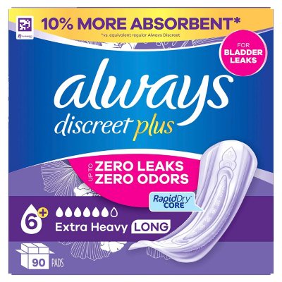 Always Discreet plus Incontinence Pads for Women, Extra Heavy Long, 90 ct.