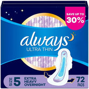 Always Ultra Thin, Size 5, Extra Heavy Overnight Pads With Wings, Unscented, 72 ct.