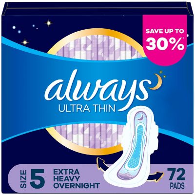 Always Ultra Thin, Size 5, Extra Heavy Overnight Pads With Wings, Unscented, 72 ct.