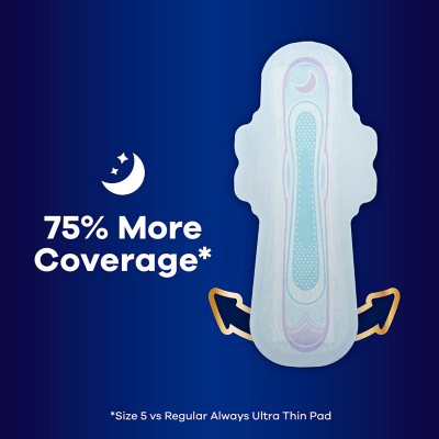 Always Ultra Thin, Size 5, Extra Heavy Overnight Pads With Wings, Unscented, 72 ct. 