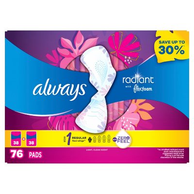 Always Radiant Regular Pads with Flexi-Wings, Scented, Size 1, 76 ct.