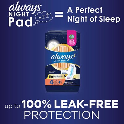 Always Ultra Thin Overnight Pads with Flexi-Wings, Unscented, Size 4, 80 ct.