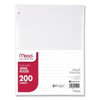 Mead - Filler Paper, 16-lbs., Wide Ruled, 3-hole punched - 10-1/2 x 8 - 200 Sheets
